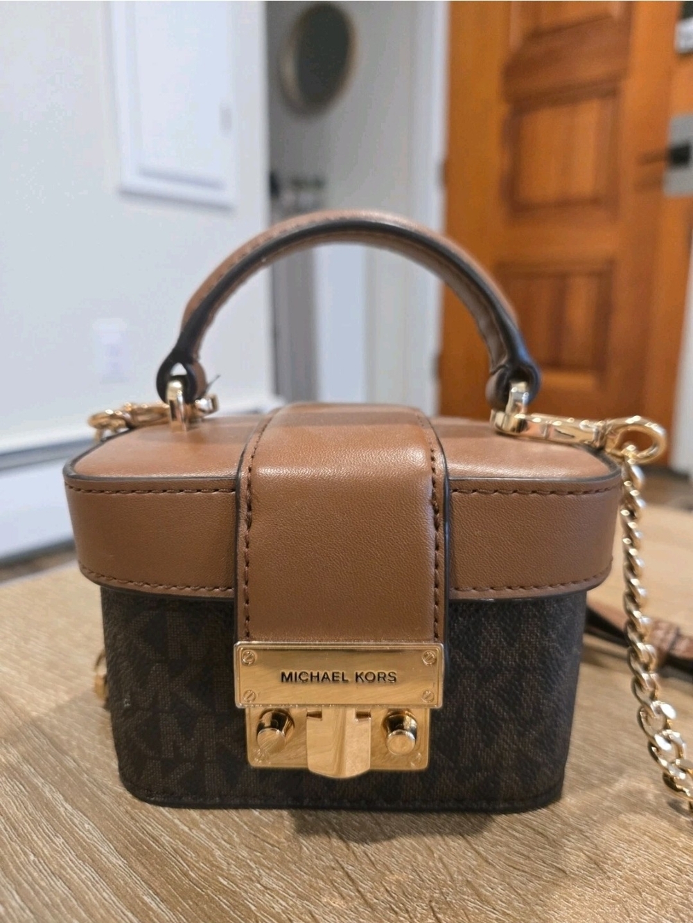 MICHAEL KORS Brown Leather-Trim Mini Crossbody Box Bag